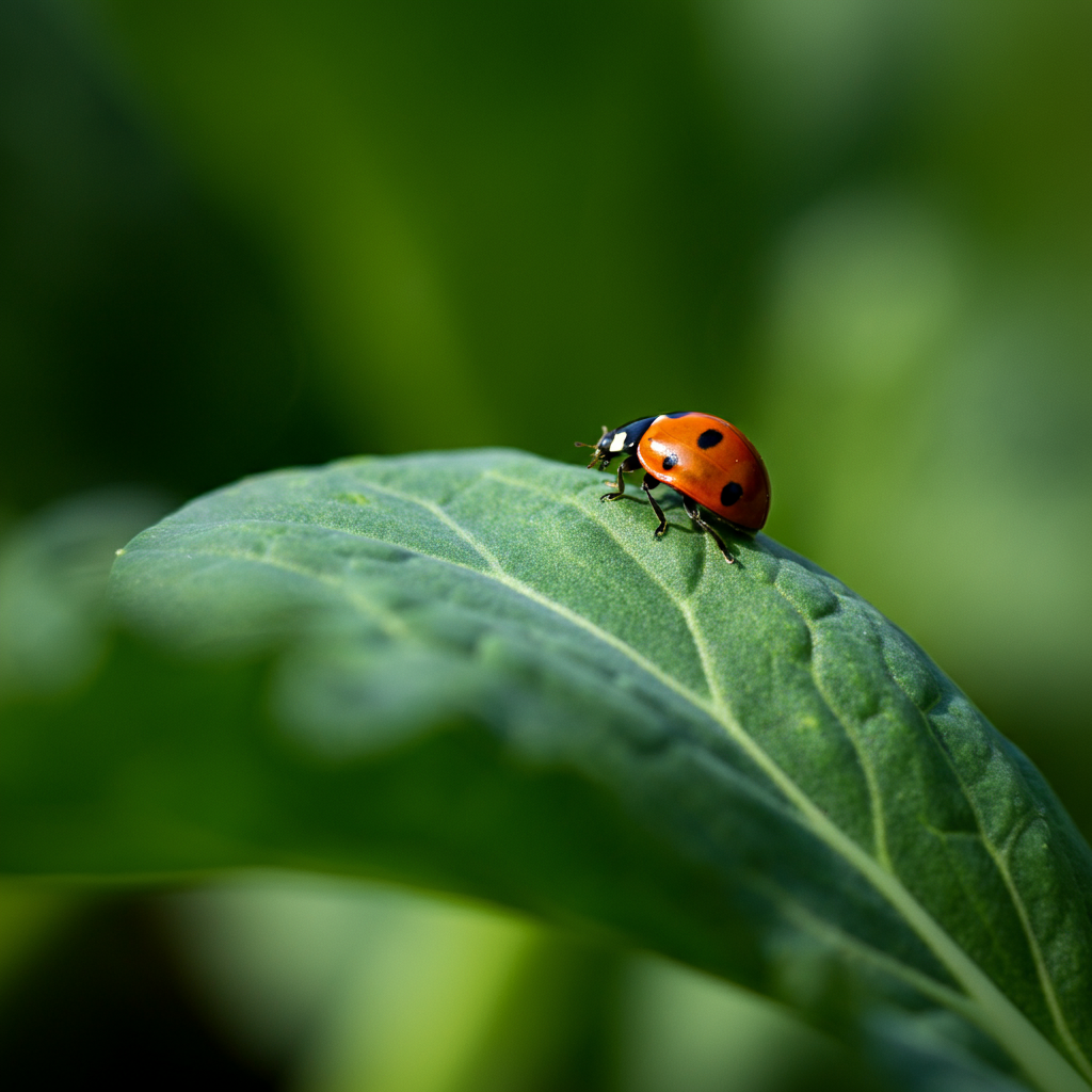 A ladybug crawling on a leaf in a vegetable garden. The leaf is healthy and vibrant, and the background is blurred, creating a bokeh effect. Natural sunlight illuminates the scene.