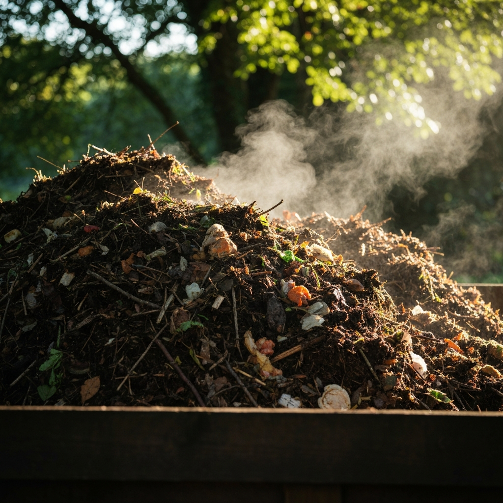 A compost bin filled with decomposing organic matter. Steam is rising slightly from the compost pile, indicating active decomposition. Soft, dappled sunlight filters through the trees overhead.