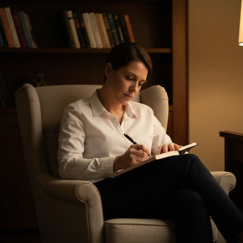 A person sitting in a comfortable armchair in a warmly lit study, writing in a journal with a fountain pen. Soft bokeh on the bookshelves in the background.