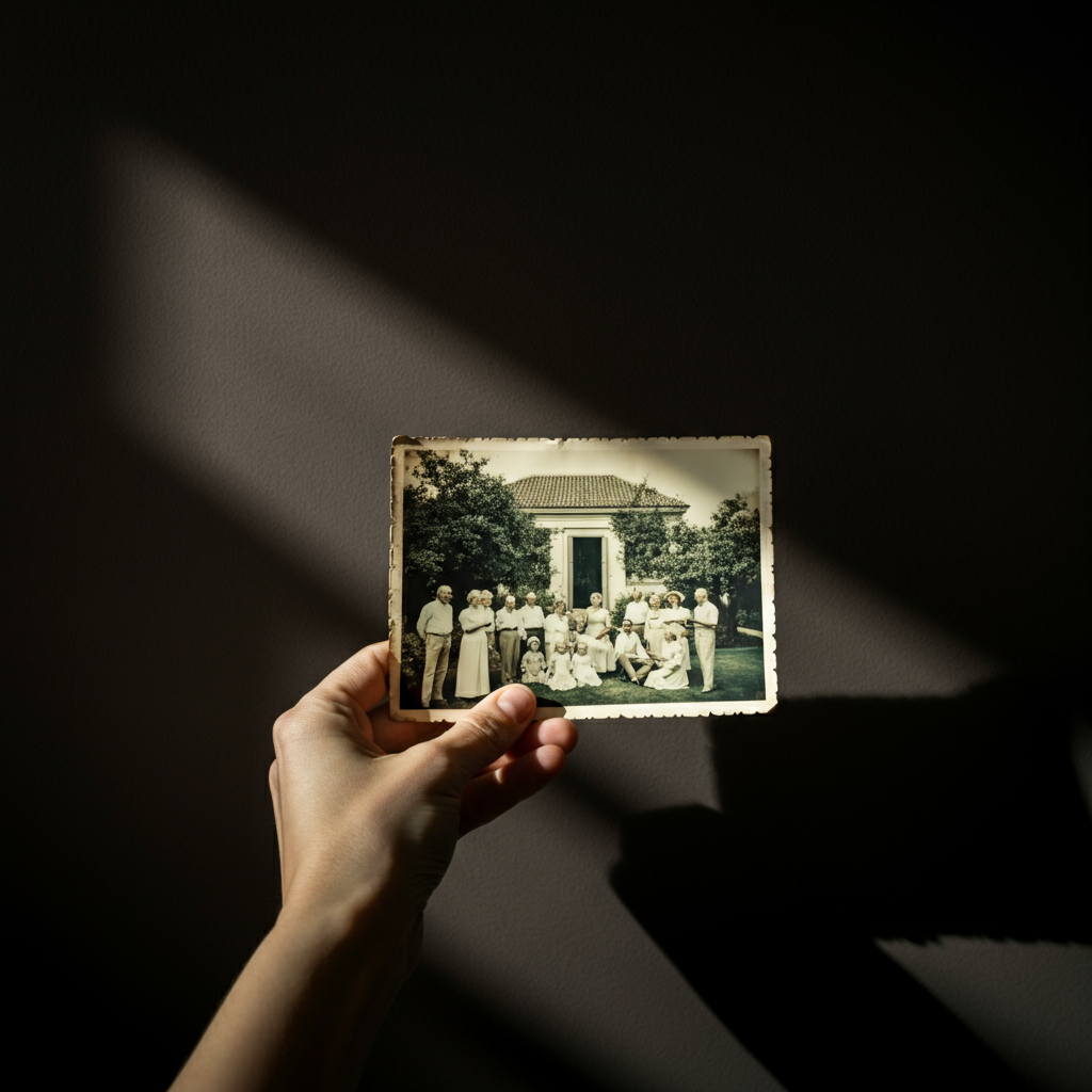 Close-up shot of a hand holding an old photograph. The photograph depicts a family gathering in a garden, with golden hour lighting casting long shadows.