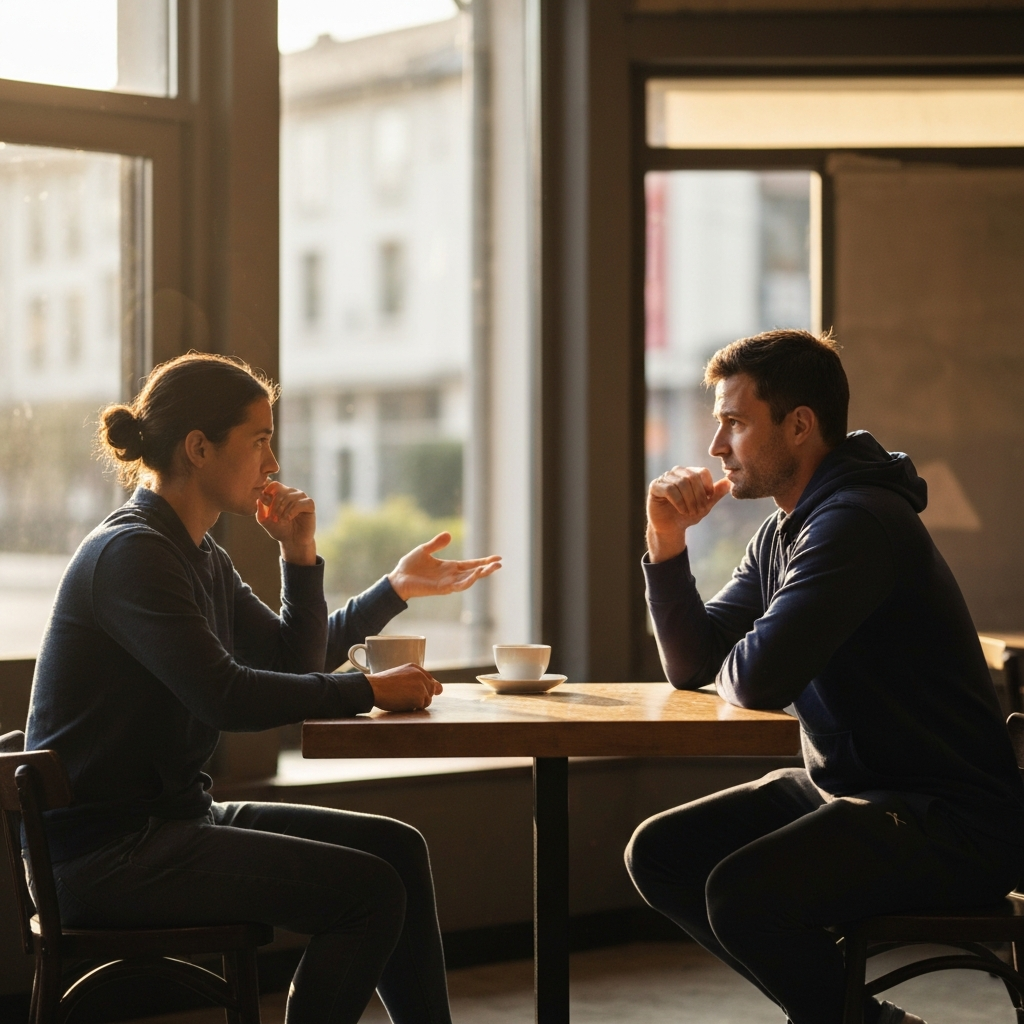 Two people sitting at a table in a well-lit cafe, engaged in a thoughtful conversation. One person is gesturing with their hand, while the other is listening intently.