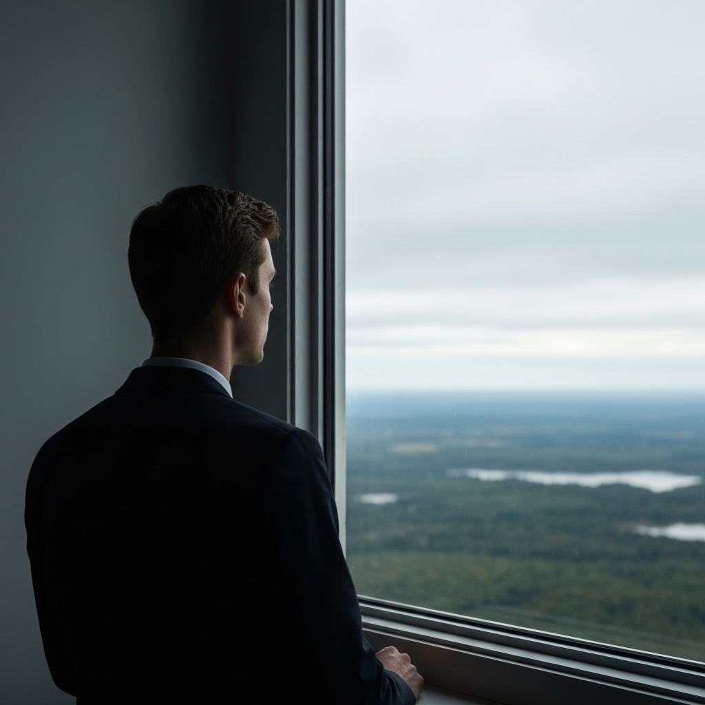 A person looking out of a window at a vast landscape. Soft, diffused light creates a sense of serenity and introspection.