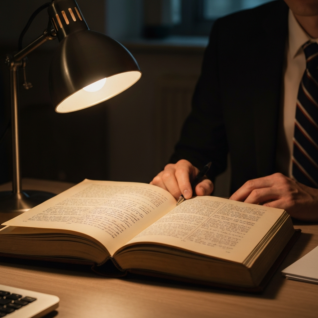A close-up of a worn leather-bound book lying open on a desk, with a reading lamp casting a warm glow on the pages. The book is filled with handwritten notes and annotations.