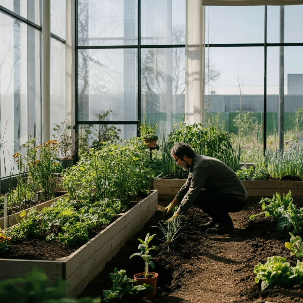 A person volunteering in a community garden, tending to plants with care. The scene is bathed in natural sunlight, highlighting the textures of the soil and foliage.