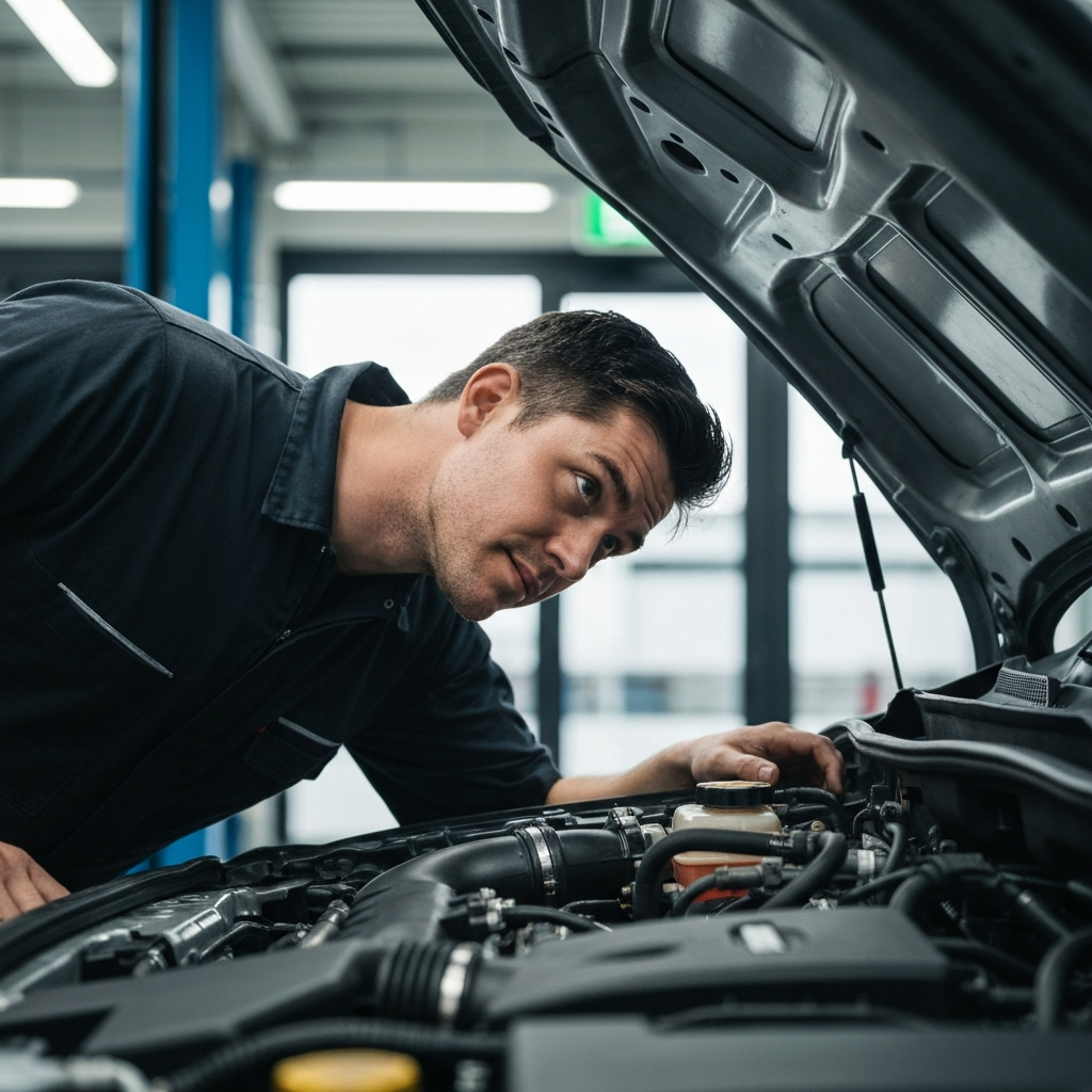 A mechanic in a clean auto shop leans into the engine bay of a car, head tilted slightly, with a focused expression on his face. Soft overhead lighting reflects off the polished metal surfaces of the engine components. He is wearing a clean, dark-colored mechanic's jumpsuit.