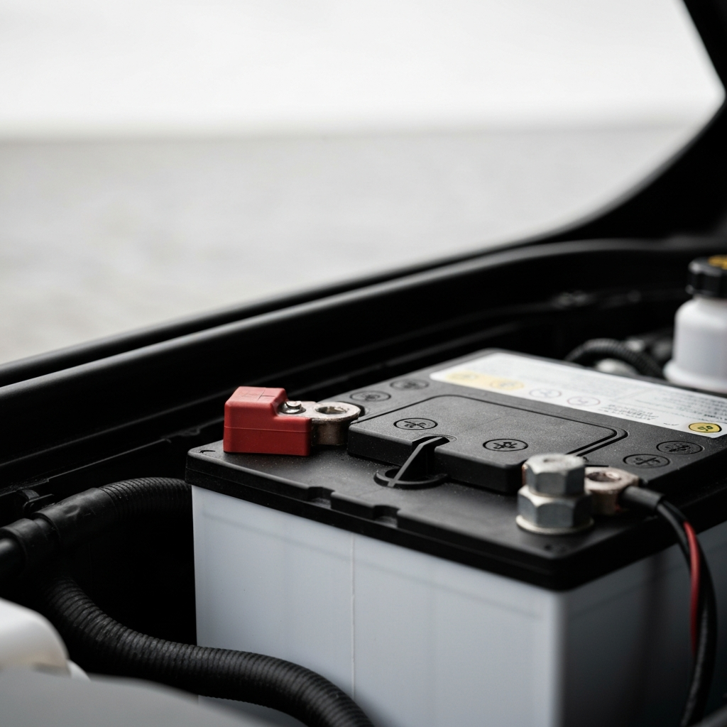 Close-up shot of a car battery in an engine bay, bathed in the soft, diffused light of an overcast day. Focus on the battery terminals, highlighting the texture of the lead and the connections to the battery cables.