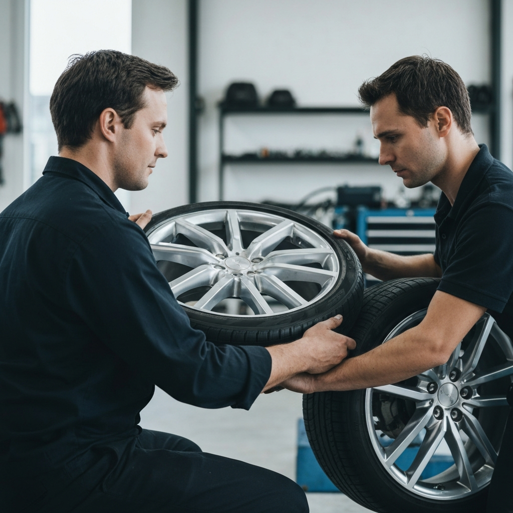 A technician is shown rotating a car wheel by hand. Soft focus on the background showing various tools and equipment in the auto repair shop.