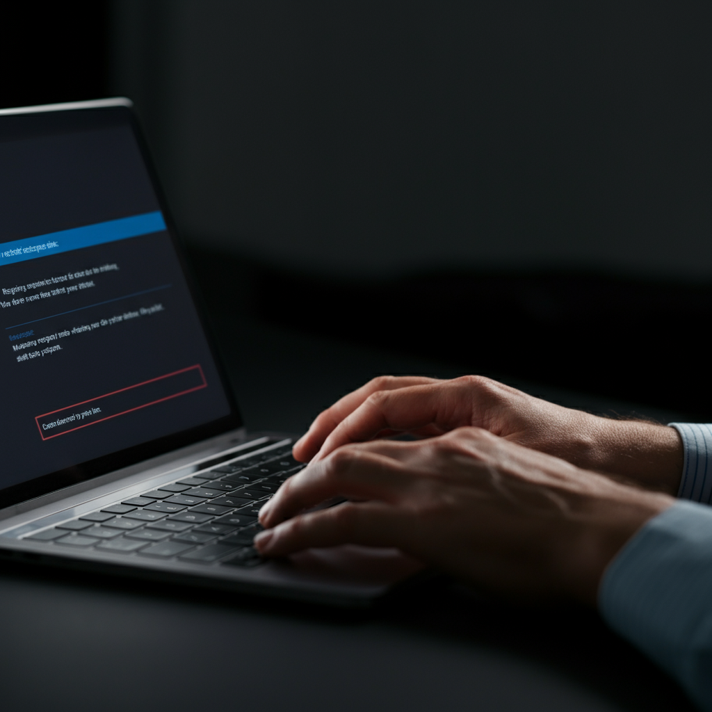 Hands typing on a laptop keyboard. The laptop screen is softly glowing, with a dialog box prompting the user to restart or shut down the system. Focus is on the keyboard and the soft illumination of the screen.