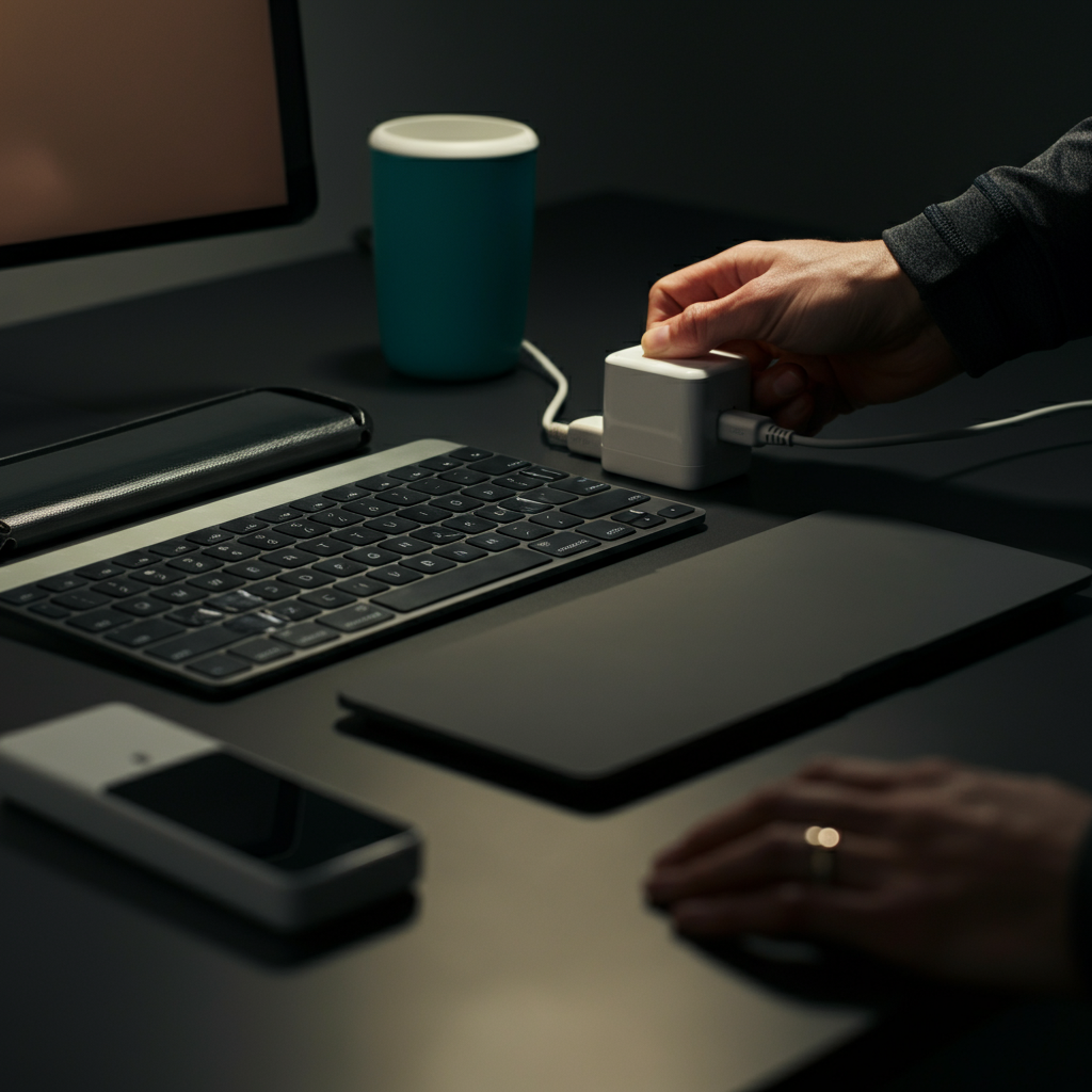 A well-organized desk with various tech devices. A hand is shown plugging in a power cord into a surge protector. The lighting is bright and even, highlighting the neat arrangement of the desk.
