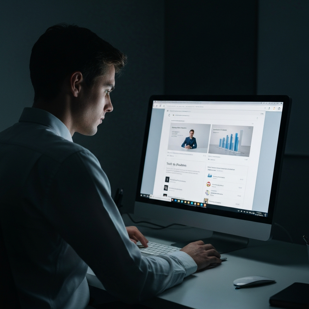 A person sitting at a desk, illuminated by the soft glow of a computer screen. They are intently focused on the screen, which displays a Google search results page related to a tech problem. Side-lit textures show focus and concentration.