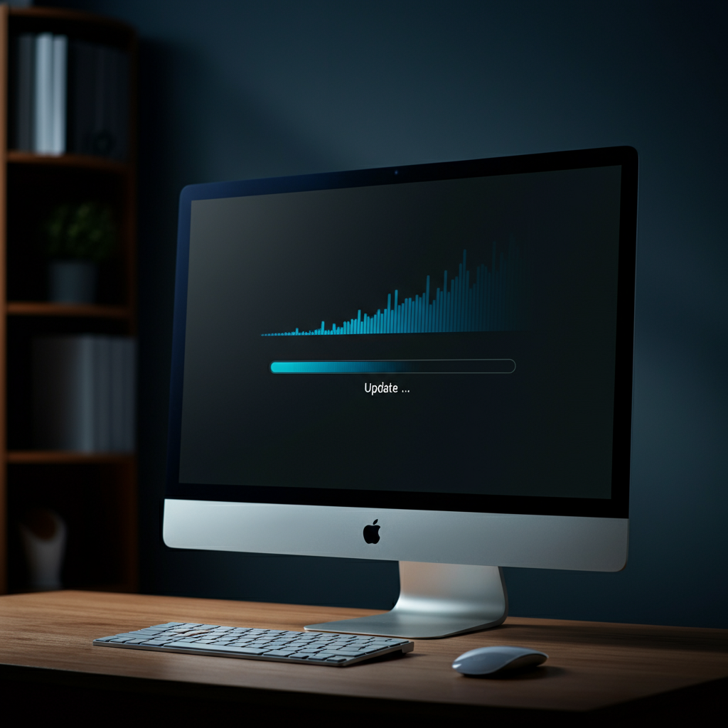 A computer screen displaying a software update progress bar. The lighting is soft and diffused, emphasizing the smooth lines of the interface and the gradual progress of the update.