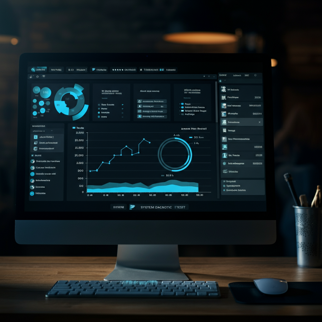 A computer screen displaying the results of a system diagnostic test. The screen is lit with a cool, analytical light, showing charts and graphs that represent system performance.
