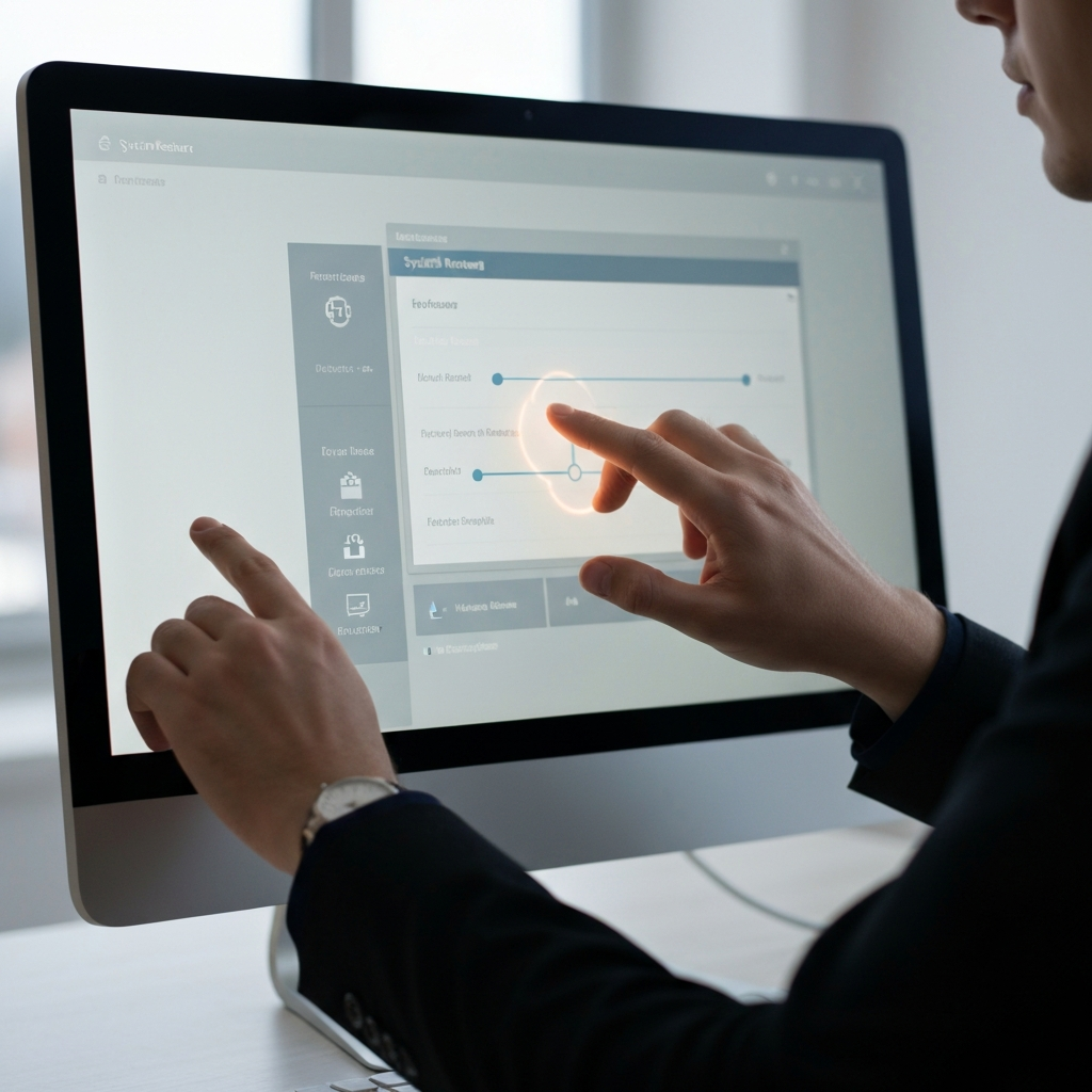A person interacting with a system restore interface on a computer screen. The light is soft and focused, highlighting the delicate nature of the process.