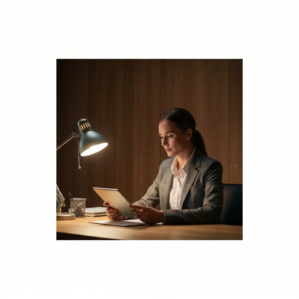A softly lit, wood-paneled office. A woman in a tailored blazer sits at a desk, reviewing demographic charts on a tablet. The soft glow of a desk lamp illuminates her focused expression.