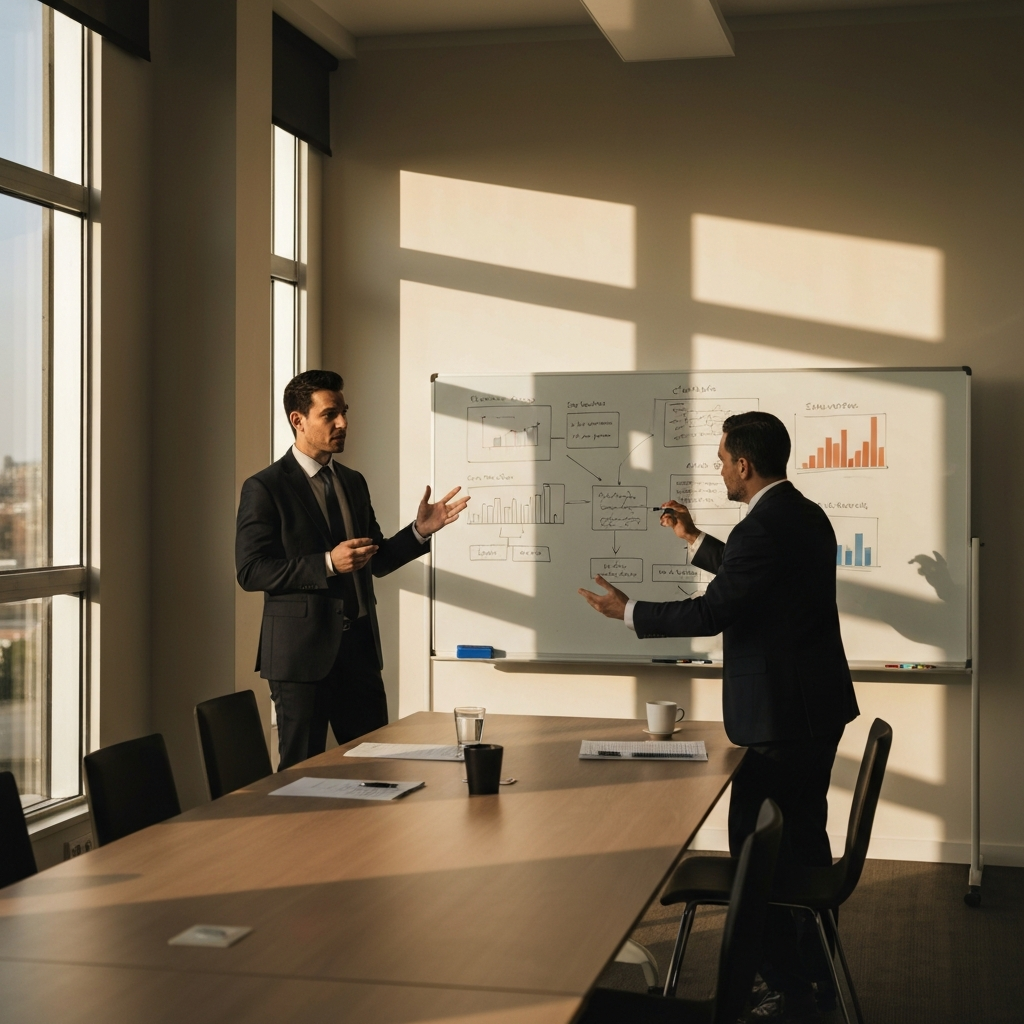 A conference room during golden hour. Sunlight streams through the window, illuminating a whiteboard filled with bullet points and flowcharts. Two professionals, one gesturing emphatically, discuss strategic goals.