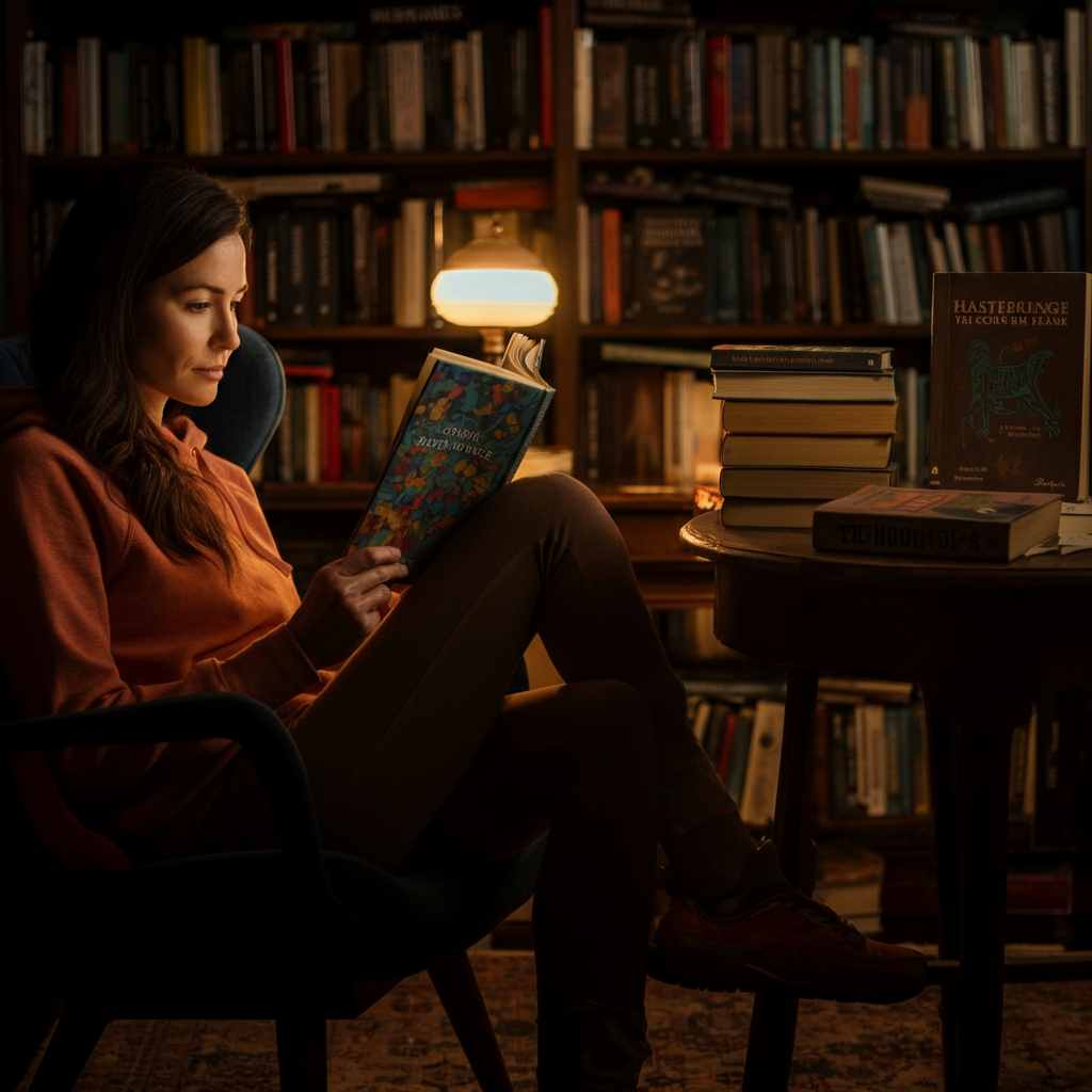 A cozy bookstore. A woman sits in an armchair, reading a book with a colorful cover. Soft bokeh highlights the texture of the pages and the warmth of the scene.