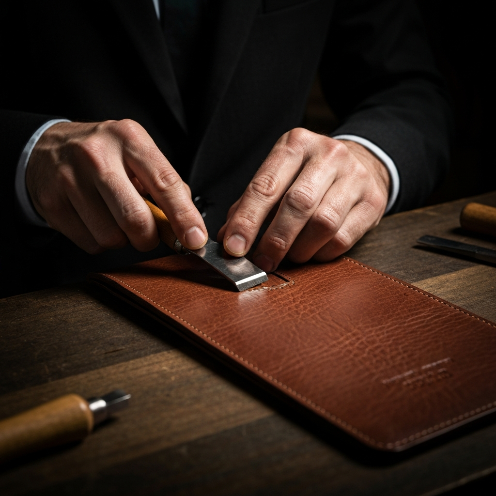 A close-up shot of a craftsman's hands working with leather. The side-lit textures of the leather and the tools create a sense of detail and craftsmanship.