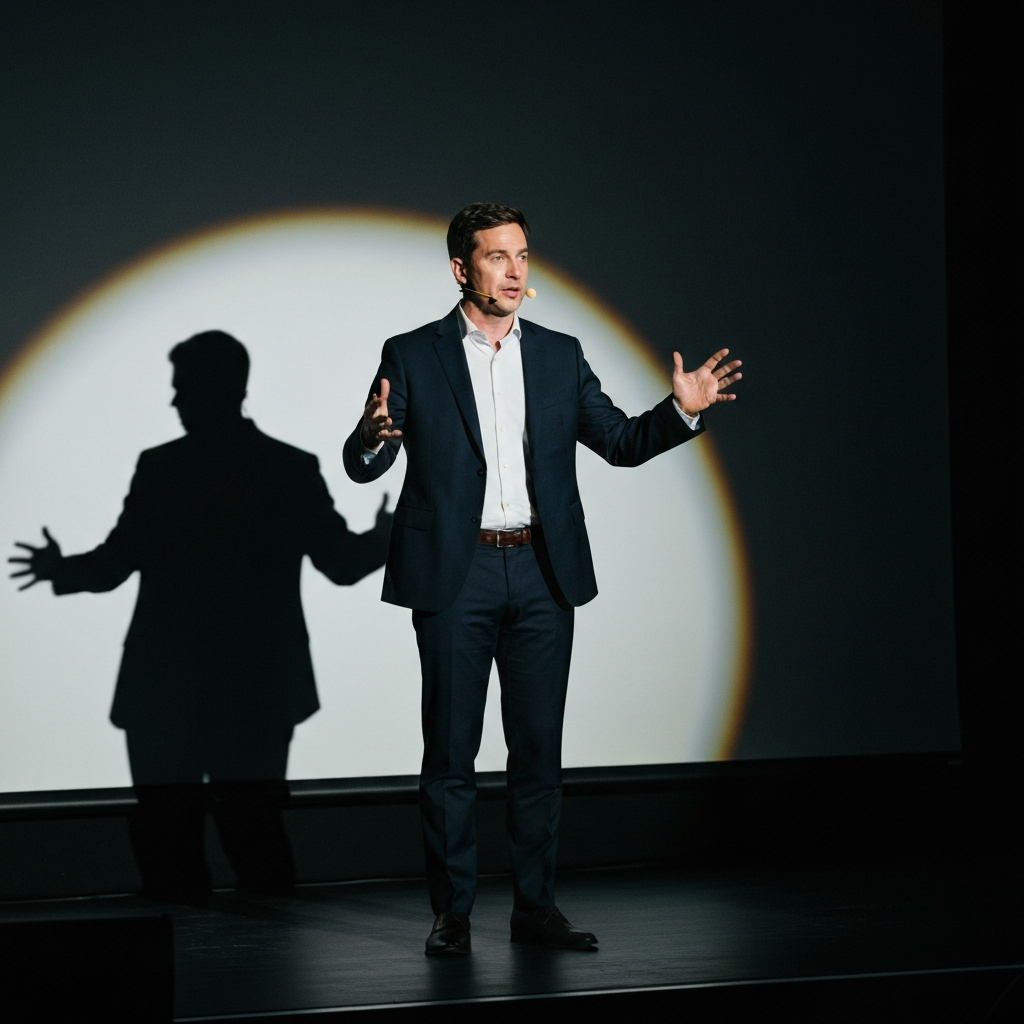 A speaker on stage at a TED talk. Stage lighting creates dynamic shadows. He gestures with confidence and conviction.