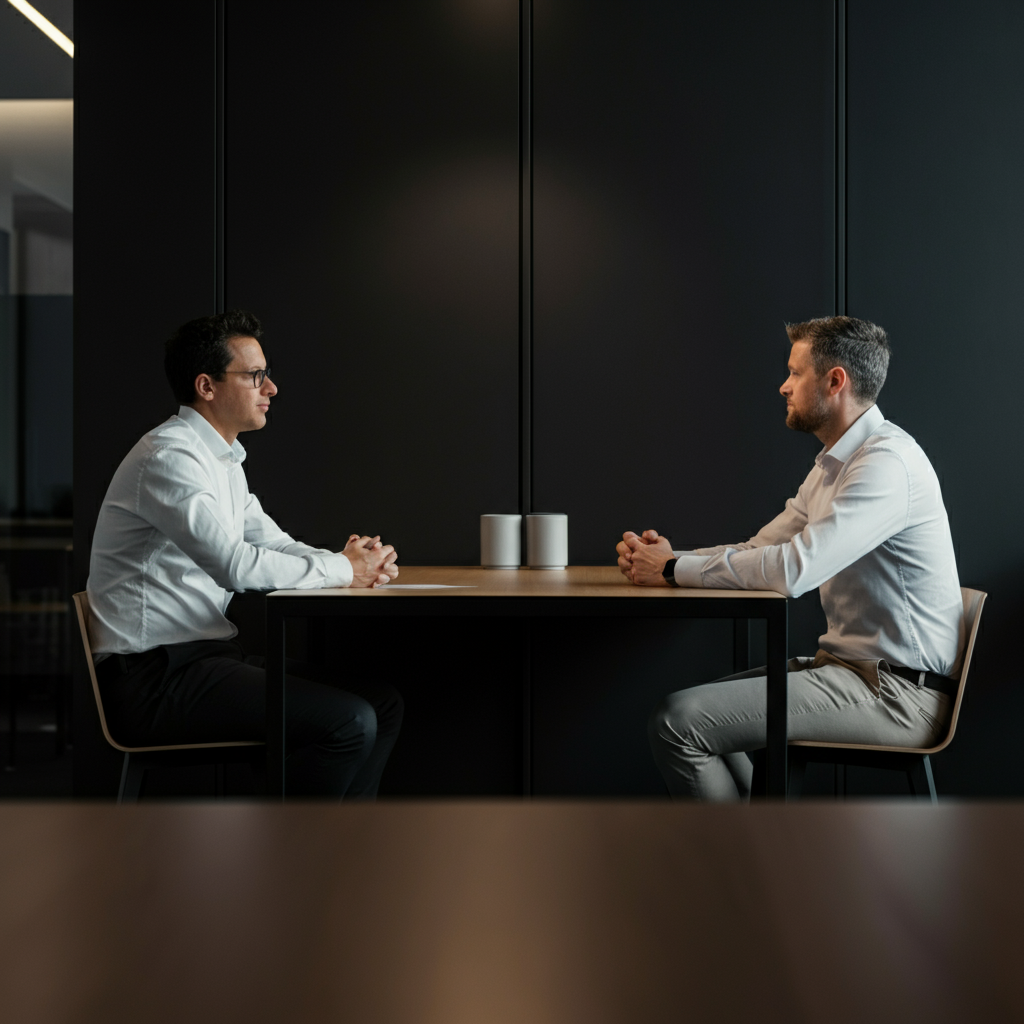 Two colleagues sitting at a table in a modern office space. They are engaged in conversation, making eye contact and nodding attentively.