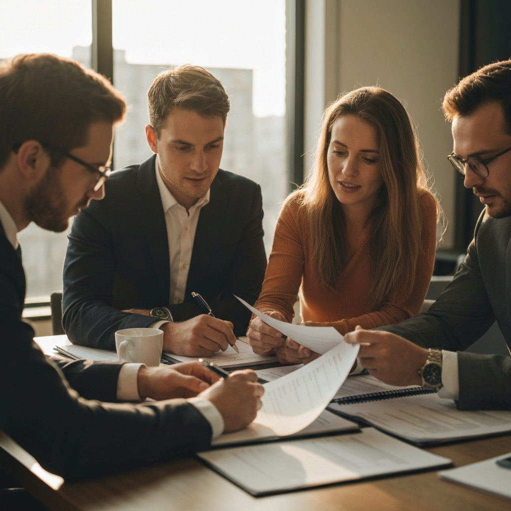 A group of professionals gathered around a table, reviewing documents and providing feedback. Natural light illuminates their expressions of collaboration.