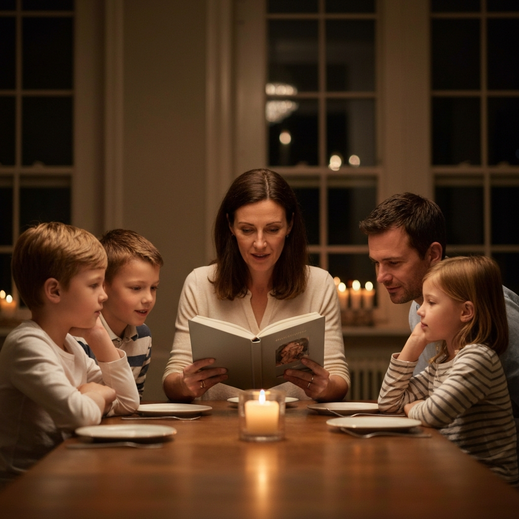 Family of four sitting around a warmly lit dining table. The mother is reading a book aloud. Soft bokeh on the background, focusing on the expressions of the children listening intently. Candlelight provides a warm glow.