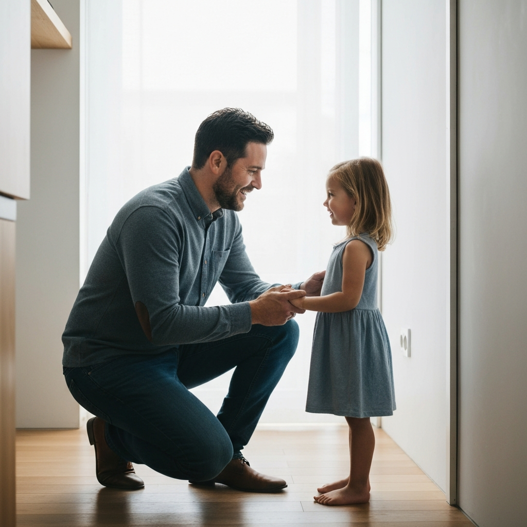 Father kneeling down to talk to his young daughter, both at eye level. The father is smiling gently, his posture open and receptive. Natural light streaming in from a nearby window highlights the texture of their clothing.