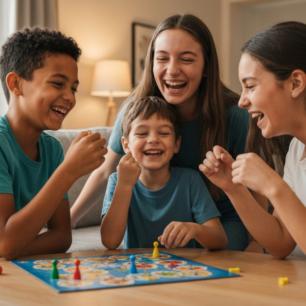 Family playing a board game in their living room, everyone laughing. The room is lit with warm, ambient lighting. A board game is prominently displayed in the center of the shot.