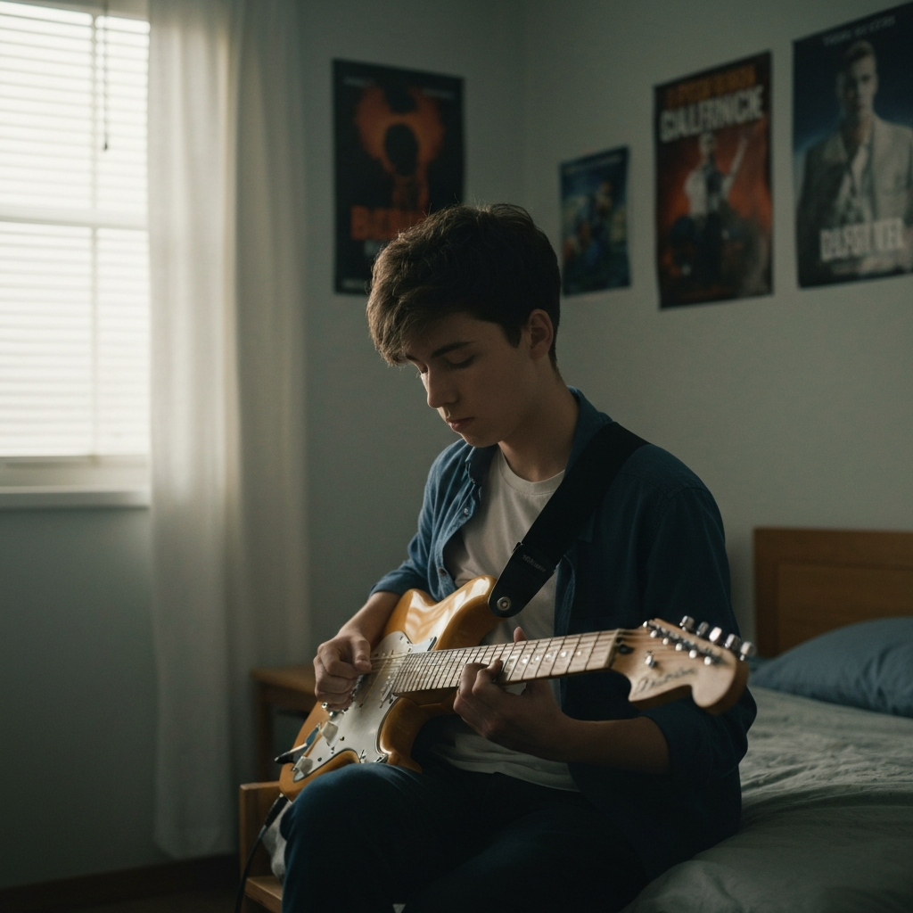 Teenager playing an electric guitar in their bedroom. The room is softly lit, and the focus is on the teenager's concentration and passion. Music posters are subtly visible on the wall.