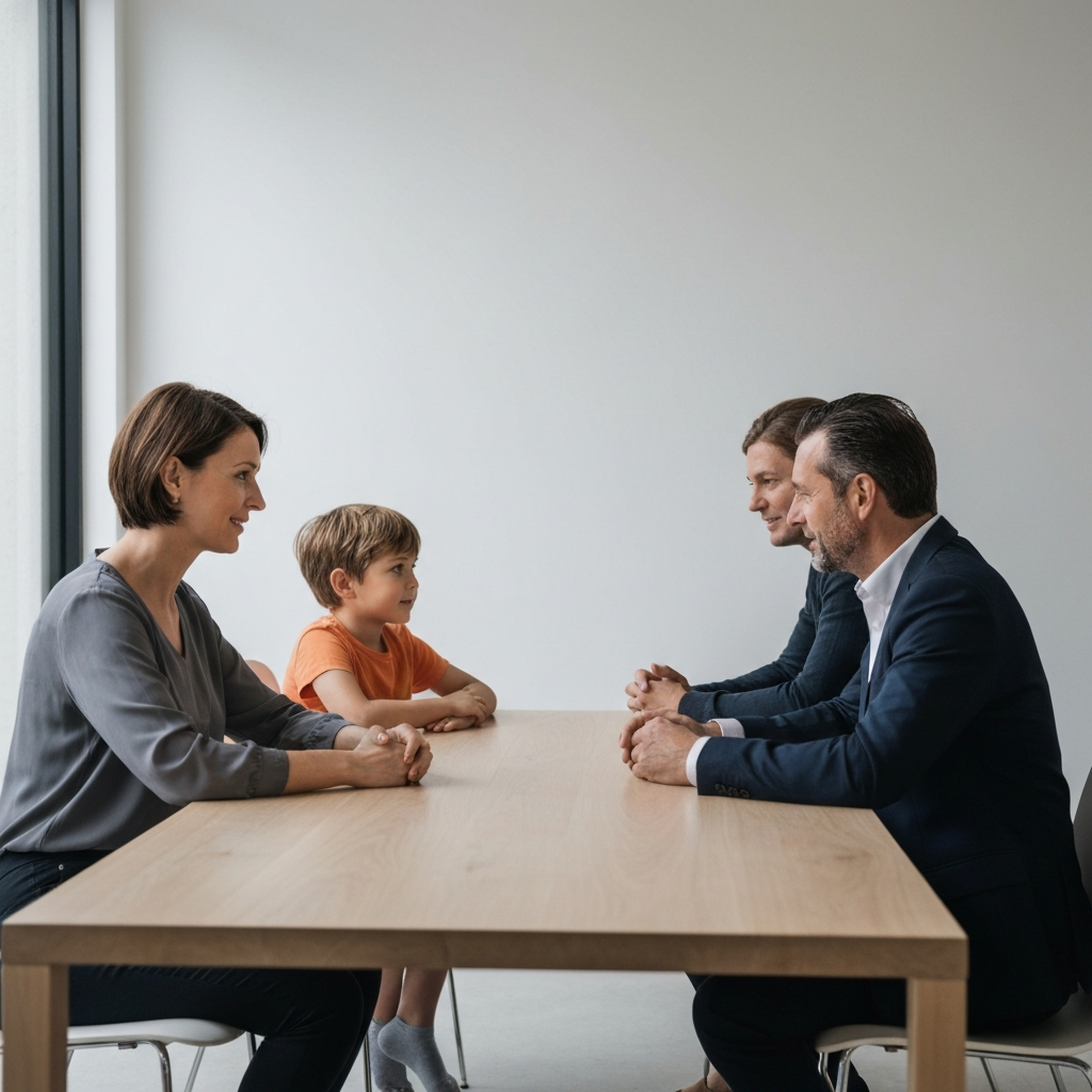 Parents sitting at a table, having a calm and open conversation with their children. The lighting is soft and natural. The focus is on the open body language and respectful communication between family members.