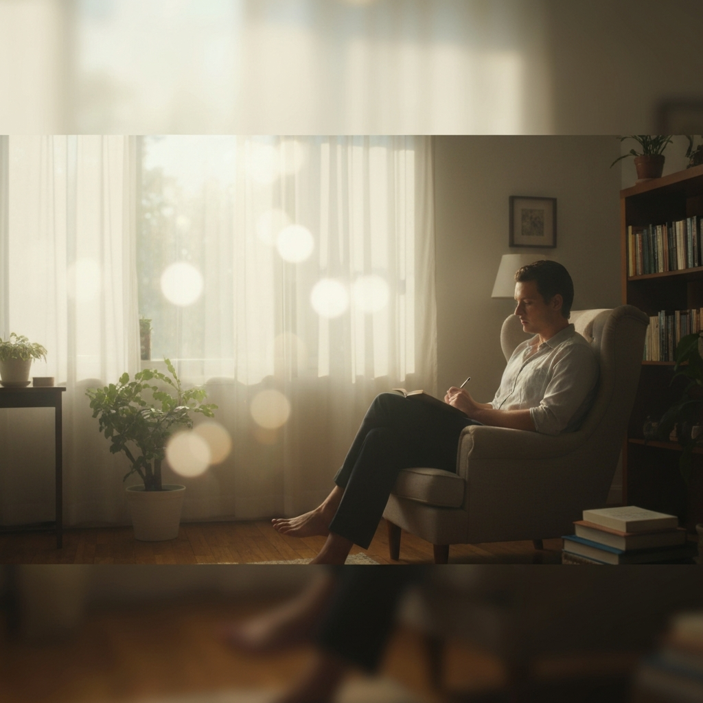 A person sitting in a comfortable armchair in a sun-drenched living room, journaling in a notebook. Soft bokeh from the morning light filters through sheer curtains. The room is decorated with plants and books, creating a calm and contemplative atmosphere.