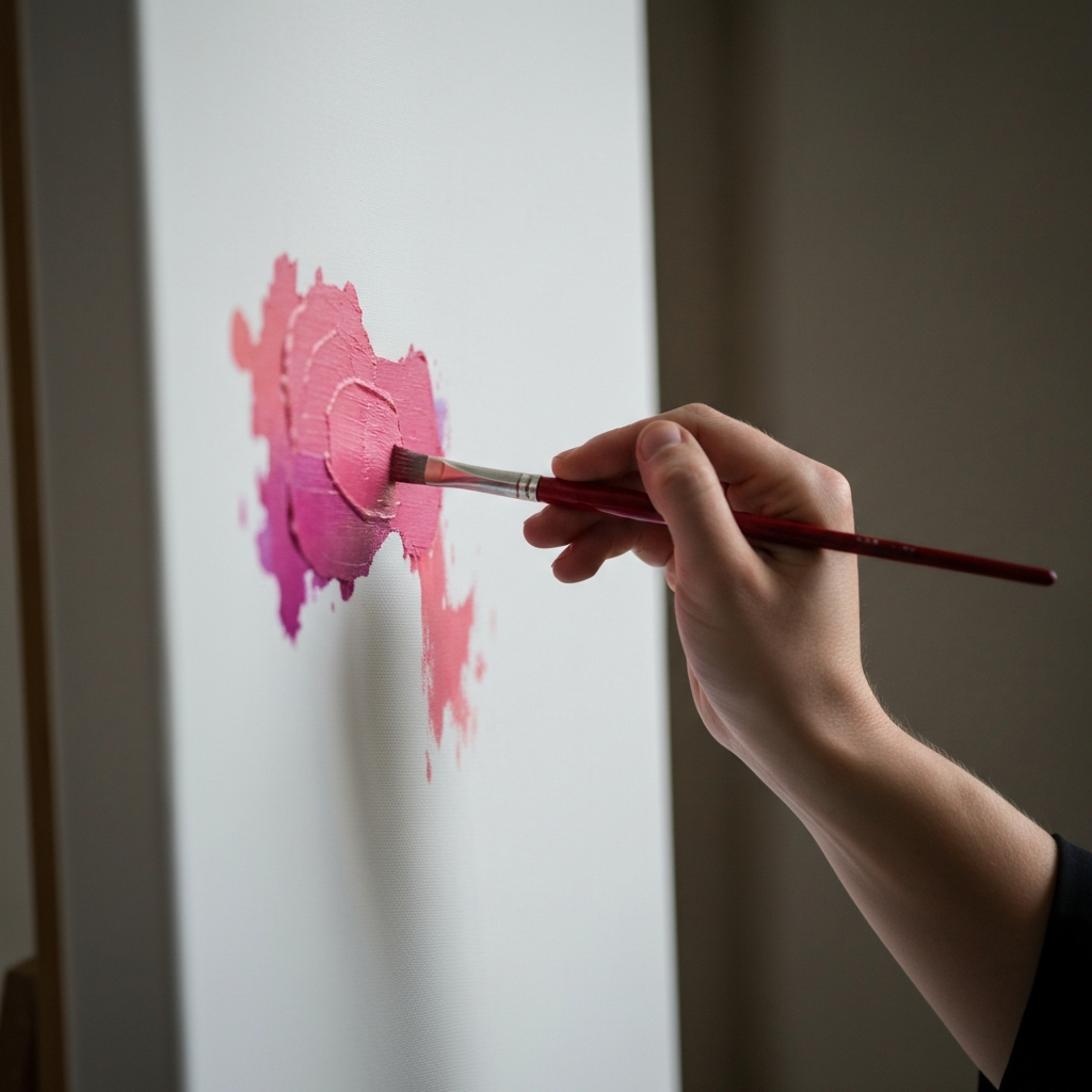 A close-up shot of a hand holding a paintbrush, applying a vibrant color to a canvas. The light is soft and diffuse, highlighting the texture of the paint and the artist's focused expression.