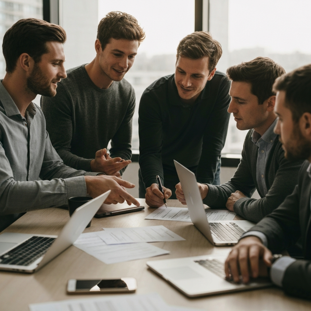A group of colleagues collaborating around a conference table, with laptops and documents scattered around. The lighting is bright and professional, and the focus is on the individuals' engaged expressions and collaborative gestures.