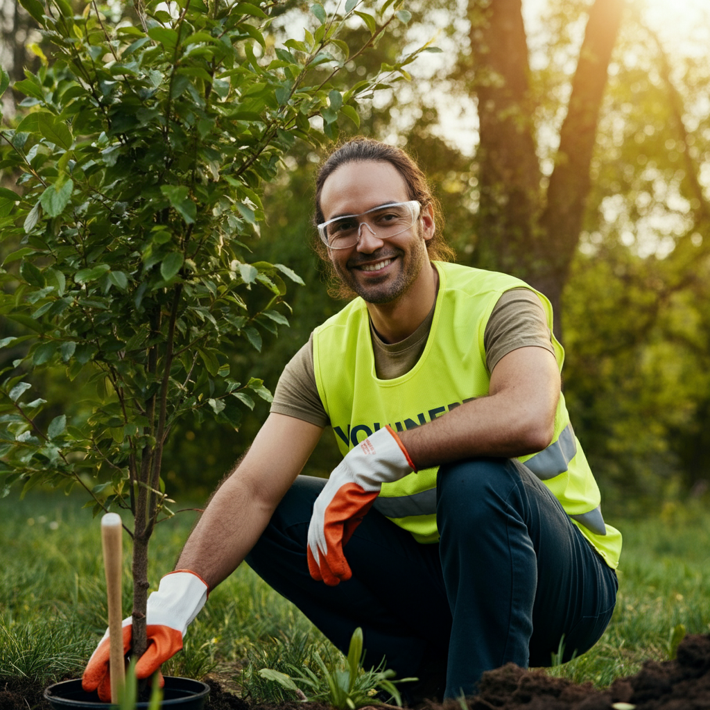 A volunteer planting trees in a park, wearing work gloves and a cheerful smile. The scene is bathed in golden hour lighting, highlighting the textures of the soil and the leaves.