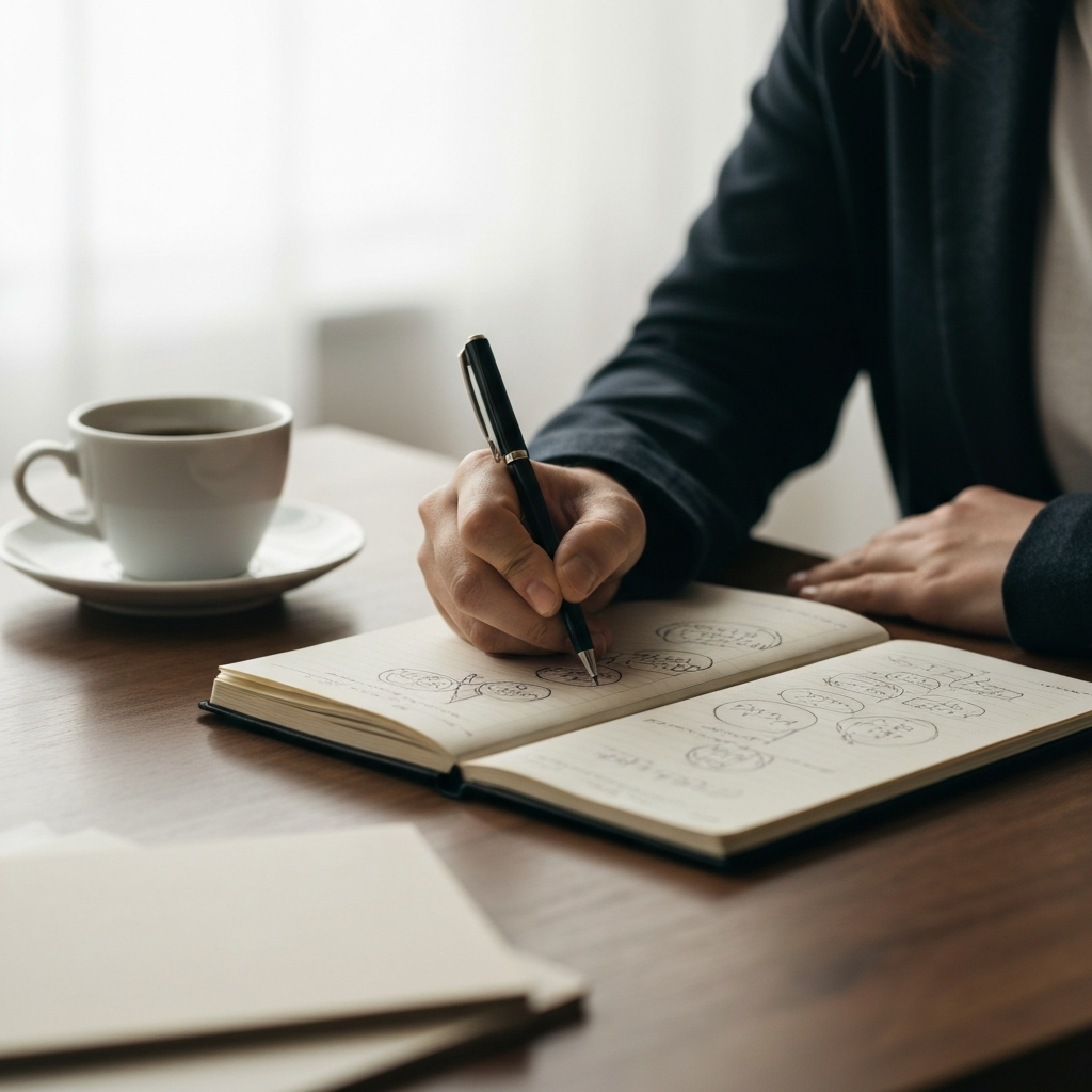 A close-up shot of a hand sketching ideas in a notebook, with a cup of coffee and a pen nearby. The lighting is soft and natural, creating a cozy and creative atmosphere.