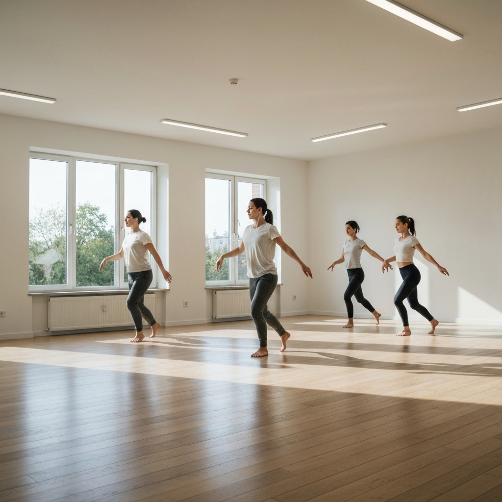 A brightly lit dance studio with wooden floors. Three dancers wearing comfortable athletic wear are demonstrating a dance sequence. Natural light streams in from a large window, highlighting the dancers' movements and creating subtle shadows on the floor.