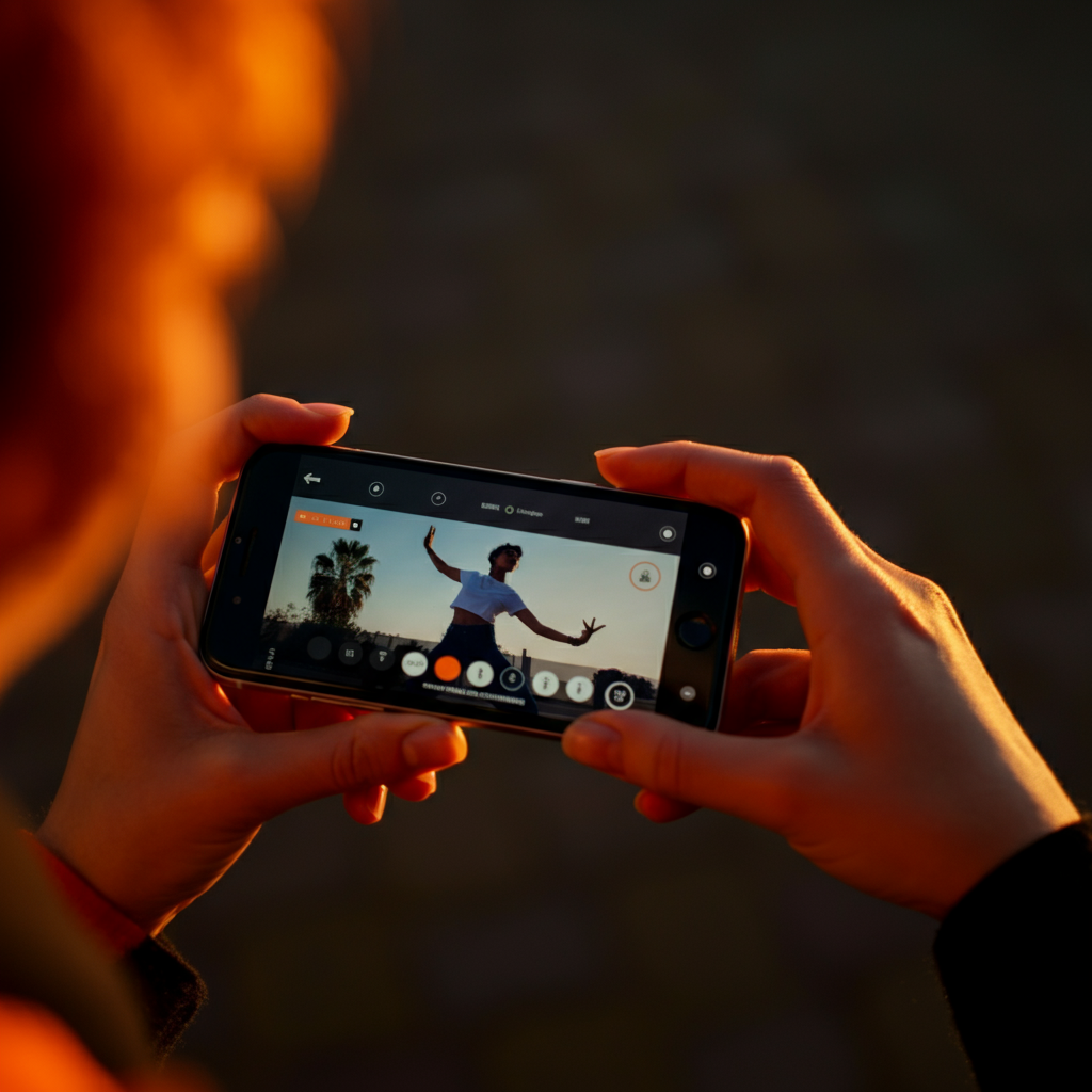A person holding a smartphone, recording a dance challenge in a vibrant outdoor setting. The focus is on the phone screen, which displays the recording interface. Soft, diffused sunlight bathes the scene, creating a warm and inviting atmosphere.
