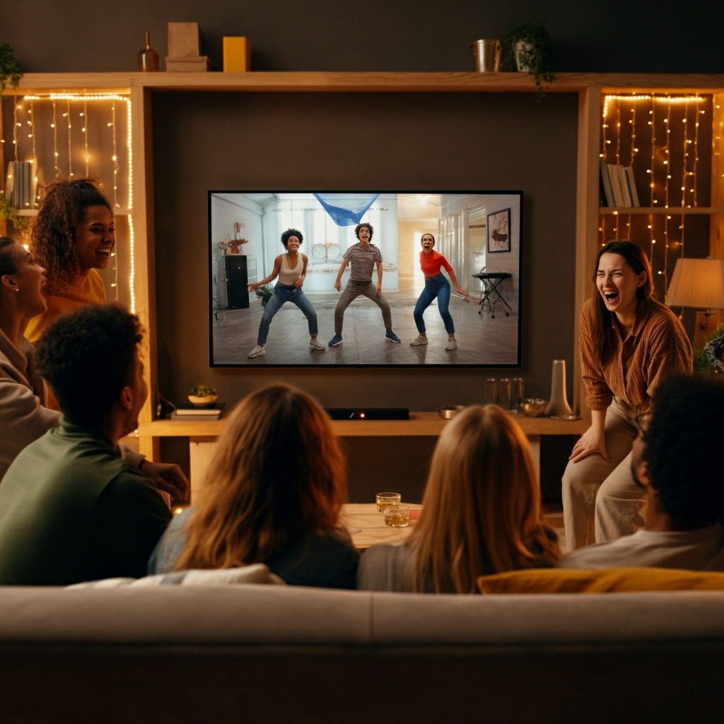 A group of people gathered in a brightly lit living room, watching a dance challenge video on a large television screen. Laughter and excitement are evident in their expressions. Warm, ambient lighting creates a cozy and inviting atmosphere.