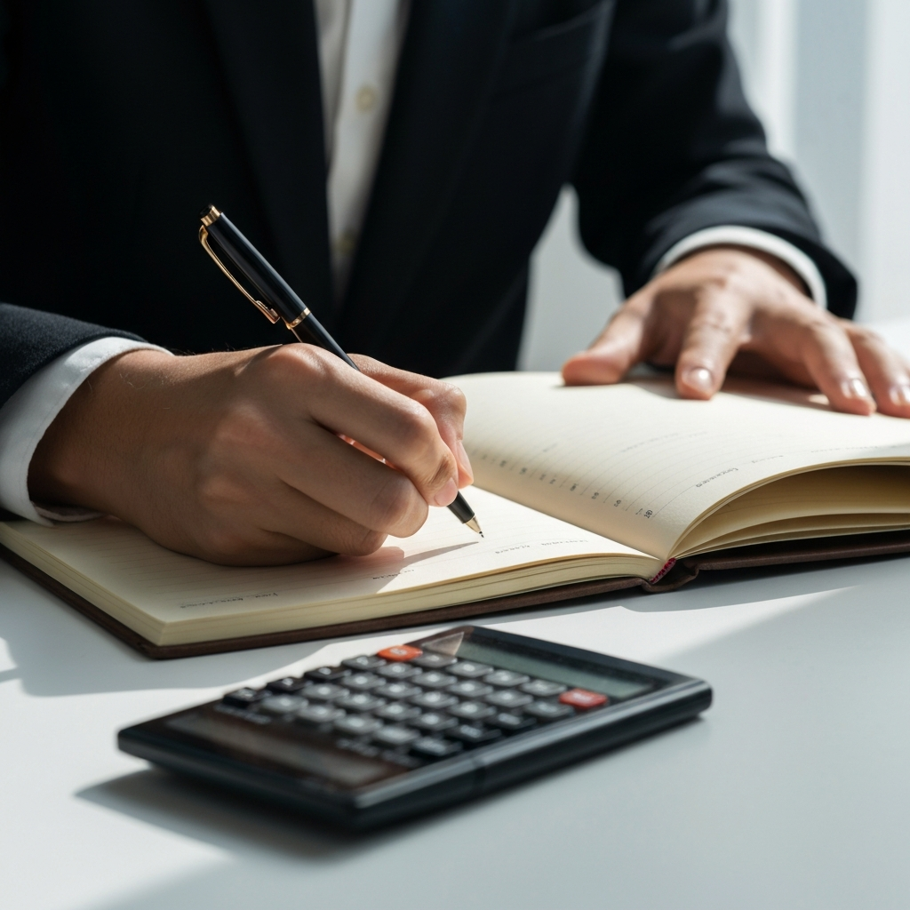 Close up of a hand writing in a stylish notebook, a calculator and pen nearby. Soft, diffused light from a nearby window illuminates the page. 