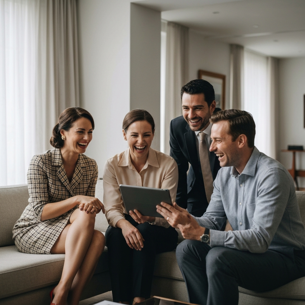 A warmly lit living room. Three friends laugh together while looking at an invitation displayed on a tablet. One is dressed in vintage clothing, hinting at a retro theme.