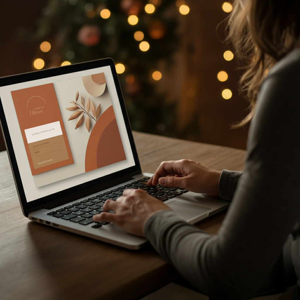 A laptop screen displays a beautifully designed digital invitation with warm, inviting colors. Soft bokeh in the background suggests a cozy home office.
