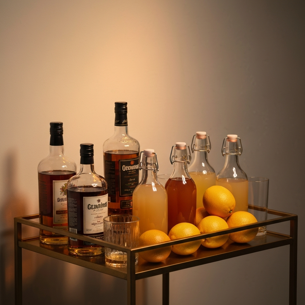 A neatly arranged bar cart featuring a few bottles of mid-range liquor, several glass bottles of homemade mixers, and fresh citrus fruits. Warm, ambient lighting.
