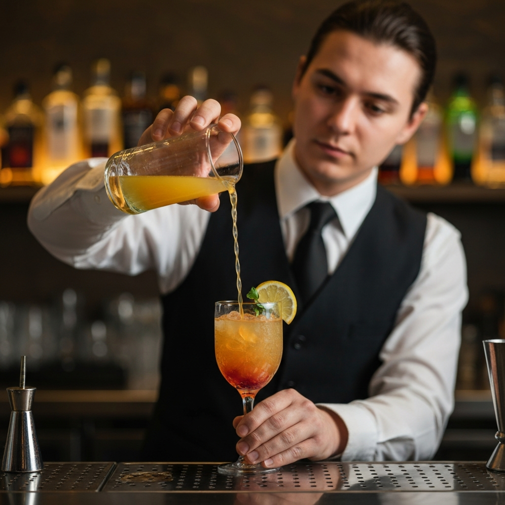 A bartender in a clean, professional setting pours a bright, colorful cocktail into a glass. The background is slightly blurred, focusing attention on the drink and the act of mixing.