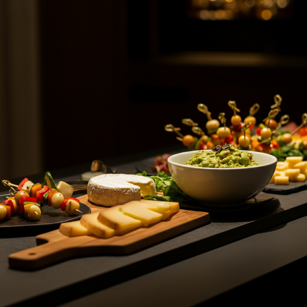 A buffet table laden with colorful appetizers, including a cheese board, a bowl of guacamole with tortilla chips, and some skewers. The lighting is warm and inviting, showcasing the textures and colors of the food.