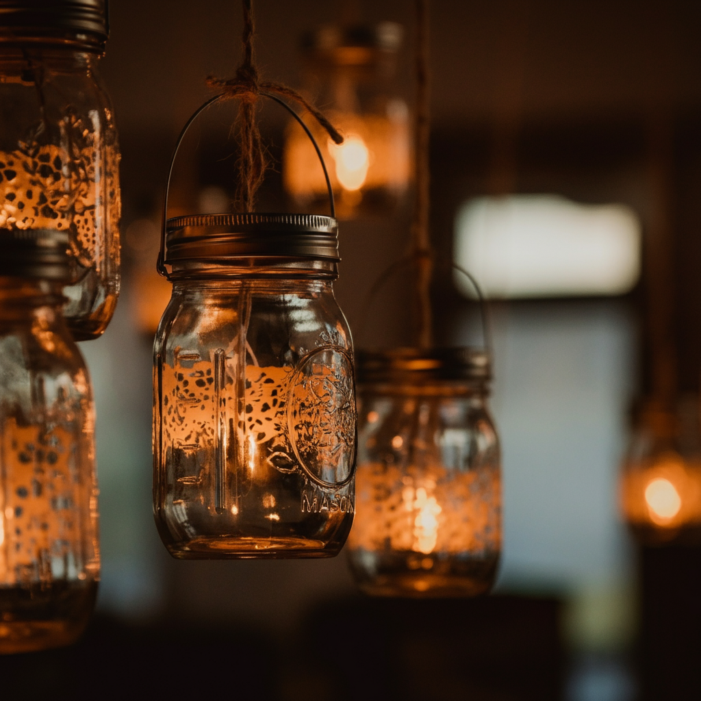 A close-up shot of DIY decorations: hand-painted mason jar lanterns and paper garlands hanging in a softly lit room. The focus is on the textures and subtle details of the handmade items.