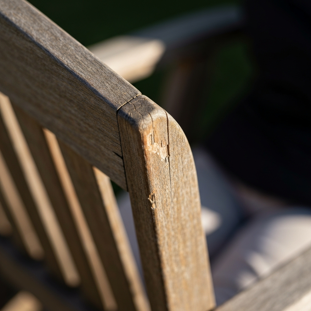 Close-up shot of weathered wooden patio chair, side-lit with soft shadows highlighting the wood grain and small cracks. Focus is sharp on the damaged area, with a shallow depth of field blurring the background.