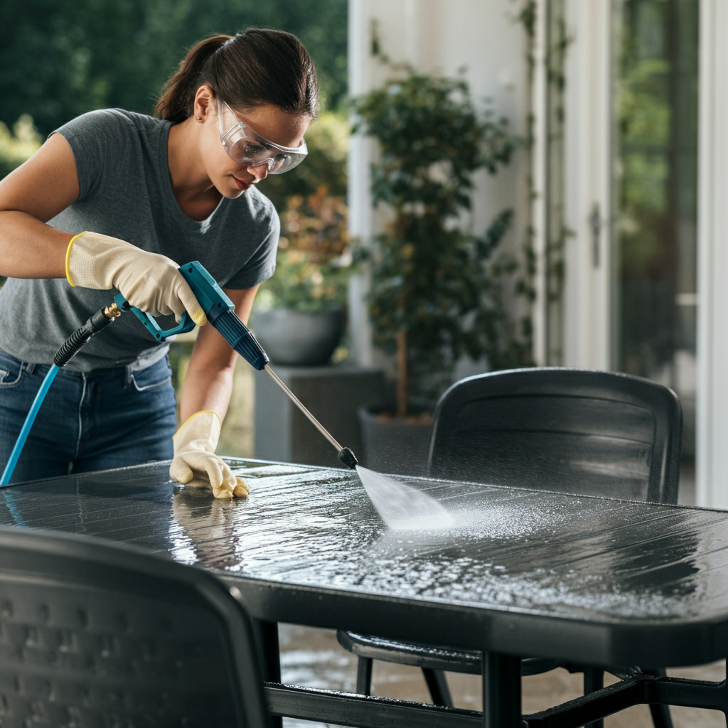 Medium shot of a person wearing gloves and safety glasses pressure washing a plastic outdoor table. Water spray is visible, and the table surface is visibly cleaner in the immediate area. Soft bokeh in the background shows a patio setting.