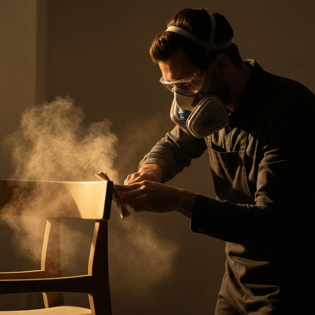 Medium shot of a person sanding a wooden chair with sandpaper. Dust is visible, and the person is wearing a dust mask and safety glasses. Golden hour lighting creates warm shadows.