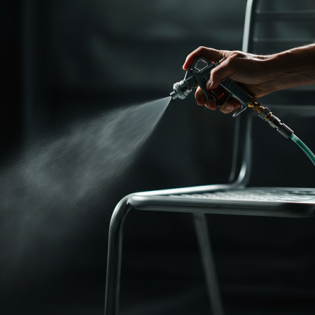 Close-up shot of a paint sprayer applying paint to a metal chair. The spray is even and consistent, and the background is slightly blurred. Soft, diffused lighting is used.