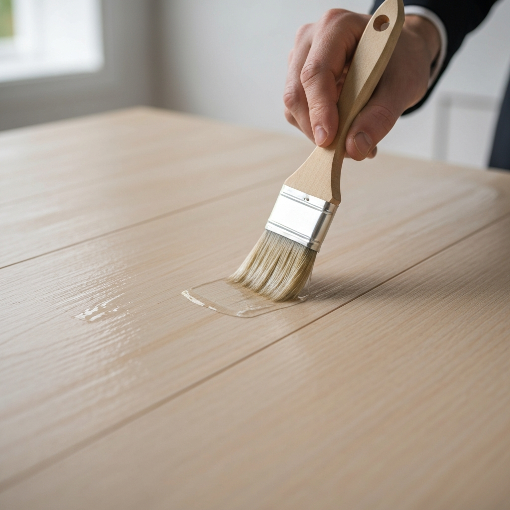 Extreme close-up of a hand applying a clear sealant to a newly painted wooden table. The sealant is being applied with a brush, and the focus is sharp on the brushstrokes.