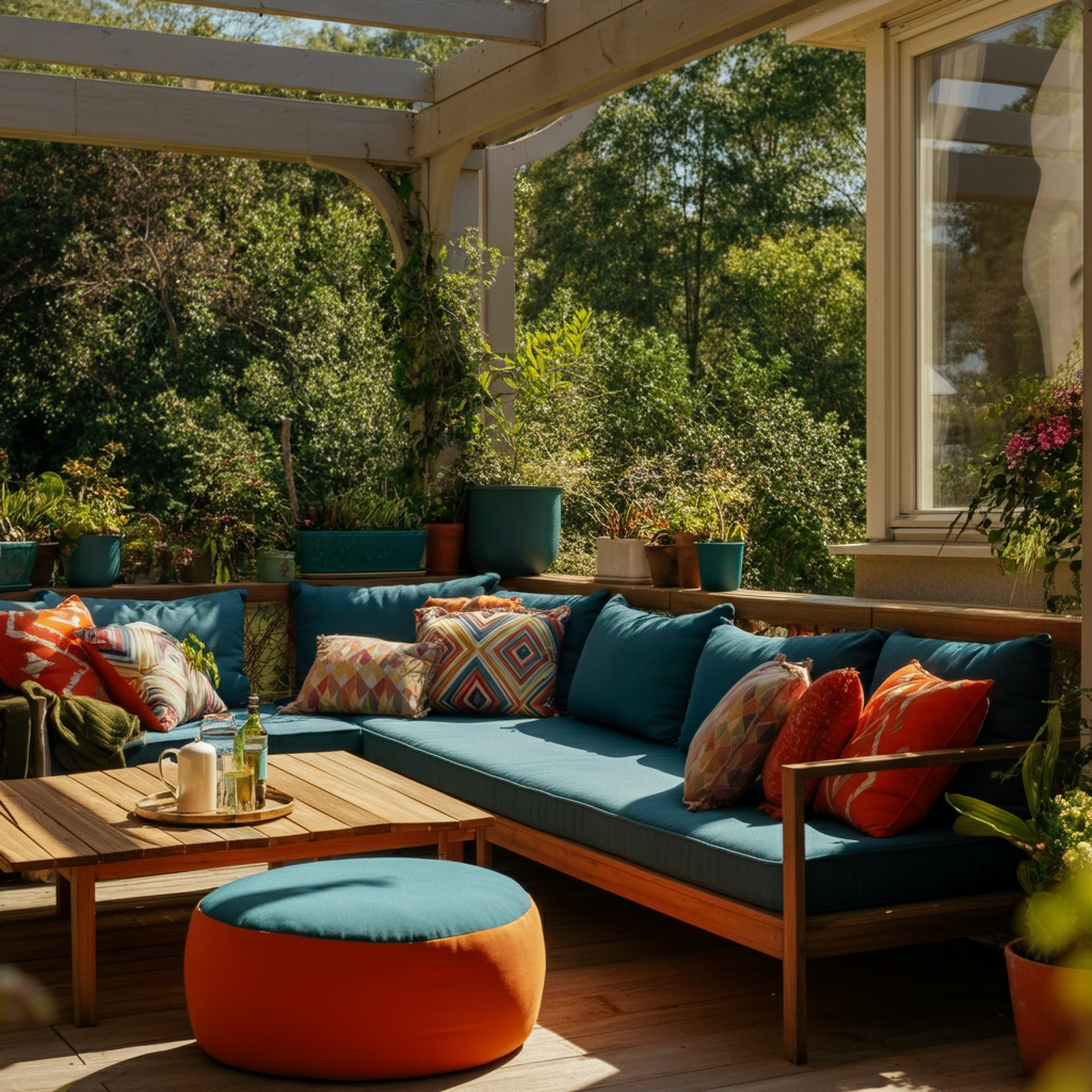 Wide shot of a newly refurbished outdoor patio set with colorful cushions and plants. The scene is well-lit with natural sunlight, and the overall composition is inviting and comfortable.